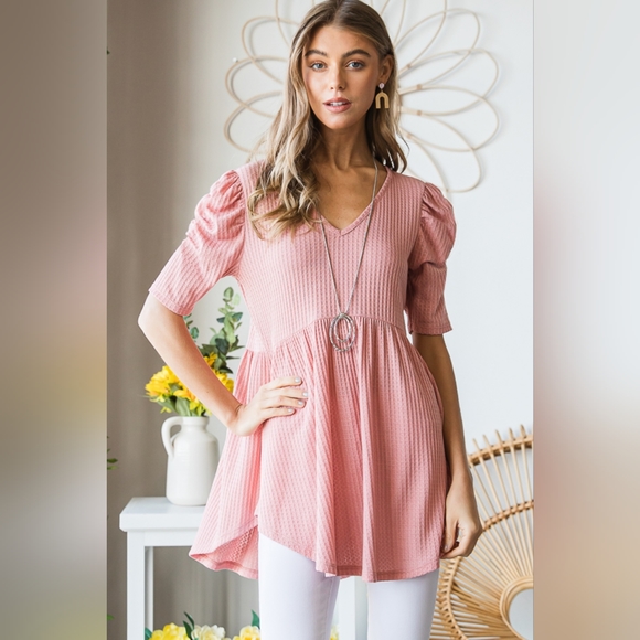 New Launch From Designer HEIMISH Full Size Waffle Knit V-Neck Babydoll Top - Picture 13 of 13
